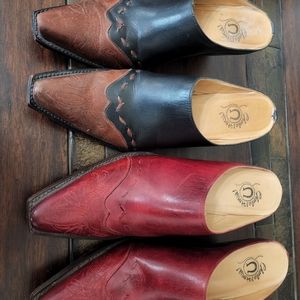 Charlie Horse Leather mules Red is 10 1/2 B Brown and Black 10 B. Made in Brazil
